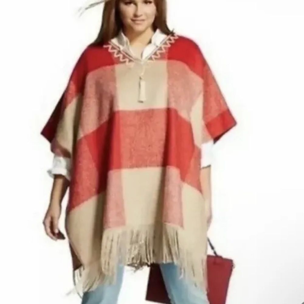 NWT Adam Lippes Really Red Checkered Poncho size S/M